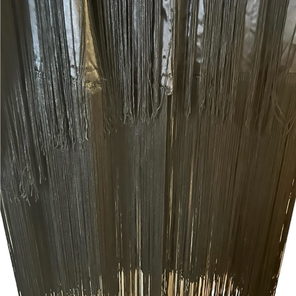 Fabulous black super long fringe long sleeved satin dress w/ rhinestone buttons - Picture 2 of 6